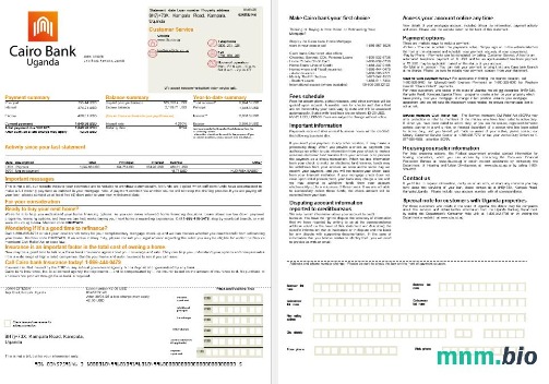 Uganda Cairo Bank wyciąg z kredytu hipotecznego w formatach Word i PDF, 2 strony